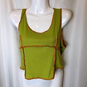 VTG 90s Y2K Persaya Green Ribbed Crop Tank Top Exposed Stitch Retro Fairy Grunge